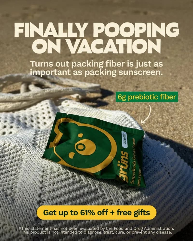 Voorbeeld van een Meta-advertentie: een pak greens gummies op een strandlaken met een vakantiekop
