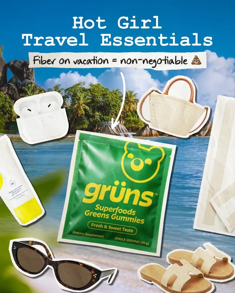 Voorbeeld van een Meta-advertentie: collage met reisbenodigdheden en een pak greens gummies
